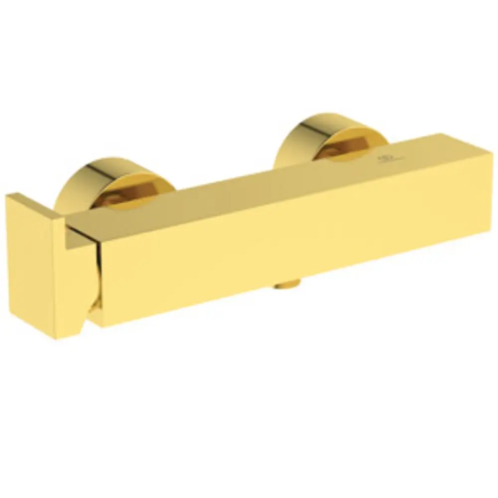Brausearmatur in Gold von Ideal Standard mit rechteckigem Design und runden Bedienelementen, geeignet für moderne Badezimmereinrichtungen.